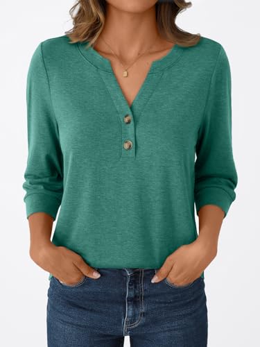 AUTOMET Womens Blouses Henley V Neck Shirts 3/4 Length Sleeve Summer Tops2