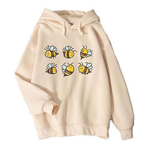 KEEVICI Cute Bee Hoodies For Teen Girls Kawaii Sweatshirt Animal Pattern Graphic Pullover Fleece Hooded Tops(Apricot,L) Cover