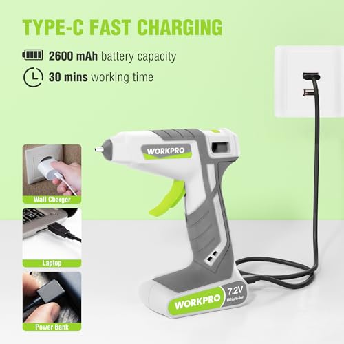 Image of WORKPRO Cordless Hot Glue Gun, 30s Fast Preheating, 7.2V Dual-Temp Glue Gun Kit with 50pcs Glue Gun Sticks, Storage Bag, USB-C Charging Cord, 2600mAh Battery for DIY and Crafting, White