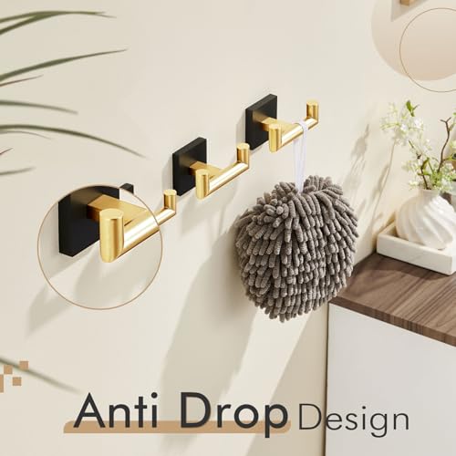 Image of KOKOSIRI Robe Hooks Bath Towel Hooks Bathroom Hardware Double Coat Hooks Wall Mounted, Stainless Steel 3 Pack Black with Gold B1015GDK-P3