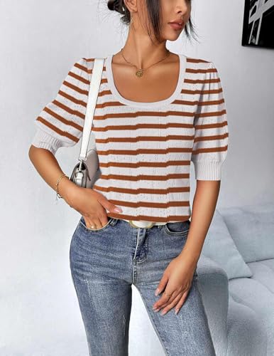 Image of HOTOUCH Sweater for Women 2026 Fall Trendy Puff Tops Casual Eyelet Knit Square Neck Tunic Shirt Blouses White Coffee Stripe L