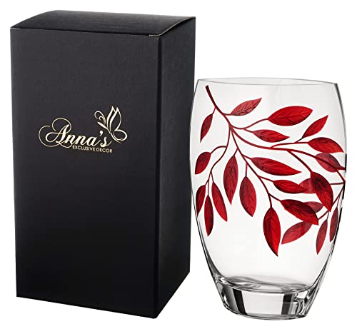 Anna's Exclusive Decor Grand Vase en Verre Soufflé à la Main 30 cm - Décoré avec des Feuilles Rouges Sablées et Peintes - Boîte Cadeau Dorée - Centre de...