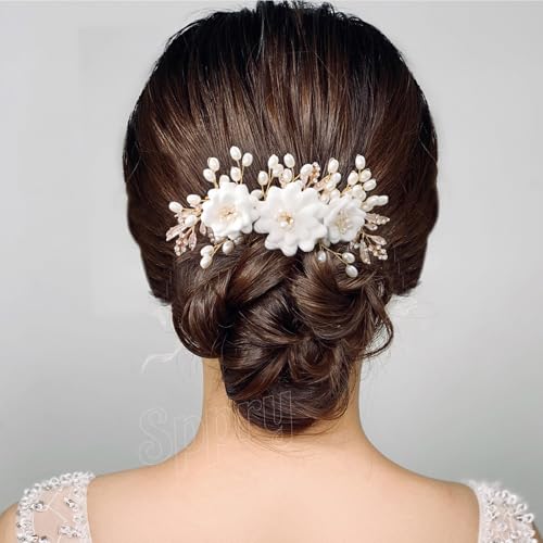 Peine para cabello con flores perladas y pedrería dorado miniatura 2