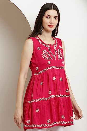 Image of FAWOMENT Women's Ethnic Fashionable Stylish Rayon Sleeveless 2 Layer Short Top With Fine Hand Embroidered Chikankari