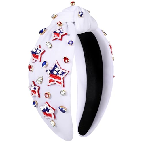 mokkia American Flag Headband for Women - 4th of July Knotted Headbands with Red White and Blue Rhinestone Crystal Top Knot - Patriotic Accessories Party Favors (Red Blue White)