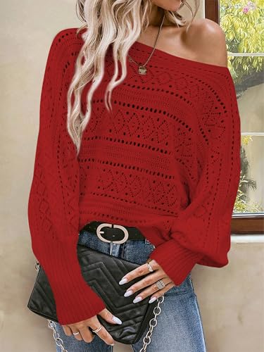 Image of Cakulo Womens Off Shoulder Sweater Top Fall Outfits Fashion 2025 Oversized Knit Batwing Long Sleeve Crochet Pullover Sweaters