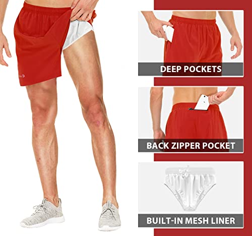 Cakulo Men's 5 Inch Running Tennis Shorts Quick Dry Athletic Workout Active Gym Training Soccer Shorts With Pockets Liner Red M #TOP3
