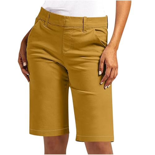 Womens Bermuda Shorts Summer Knee Length High Waisted Dressy Casual Lightweight Shorts for Women Hiking Outfits with Pockets Yellow
