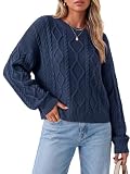 Arach&Cloz Women's Oversized Cropped Cable Knit Fall Sweater Navy M