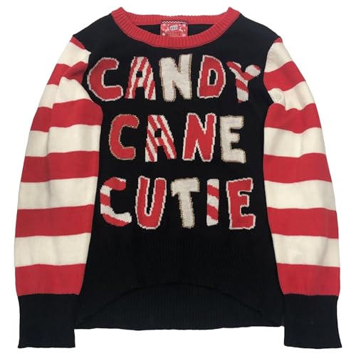Well Worn Girls Black & Red Candy Cane Cutie Christmas Holiday Pull-Over Sweater