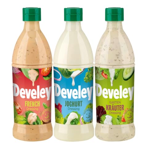 Develey - Dressings-Set 3x500 ml Squeeze-Flaschen im Bundle - Bundle bestehend aus Gartenkräuter, Joghurt, French Dressings - Vegetarisch - Perfekt für Salat und Gemüse