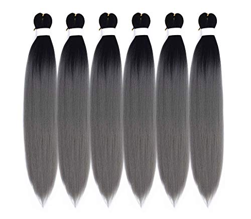 Ombre Pre Stretched Braiding Hair Braid Crochet Grey Synthetic Hair for Braiding 6 Packs Braiding Hair 24 Inch Yaki Texture Braiding Hair