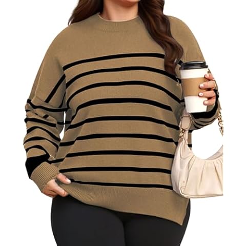 AOVDE Women's Plus Size Sweater:Striped Pullover Sweaters Long Sleeve Casual Sweater for Fall Winter Khaki L Cover