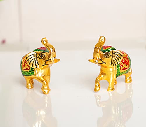 Image of KridayKraft Elephant Set Metal Statue Small Size with Meena Work 2 pcs Set for Showpiece Enhance Your Home,Office Table,Animal Showpiece Figurines,Corporate Gift Article...
