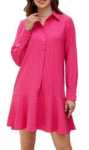 Image of EZAPINE Womens Striped Shirt Mini Dress Long Sleeve Collared Ruffle Hem Button Up Tunic Flowy Swing Dresses