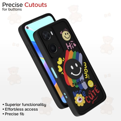 Image of Pikkme Back Cover for Oppo A76 / Oppo A96 / Oppo A36 | Soft Silicone| Cute Rainbow Smile & 3D Cartoon Flower Design | Shockproof Raised Camera Protection Bumper Case (Black)