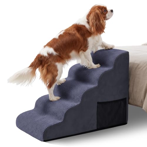 Image of Topmart High Density Foam Dog Steps 5 Tiers, Extra Wide Deep Pet Steps | Non-Slip Dog Stairs Ramp for Bed, Soft Foam Cat Ladder,Best for Older Injured, Older Pets, Cats with Joint Pain