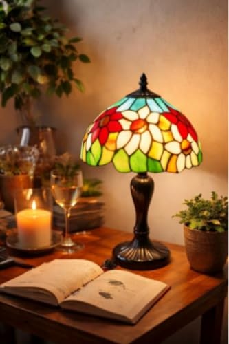 Image of Stained Glass Table Lamp, Multicolor Glass Shade, Bronze Base (Design - 14), Free Bulb- 3 Color Option- Warm White, Cool White and Natural