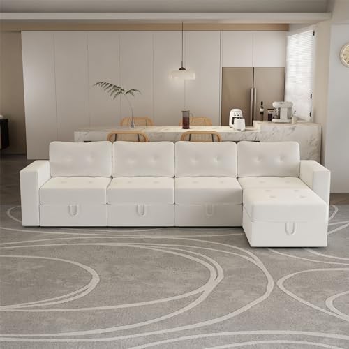 Image of QHITTY L Shaped Sectional Modular Sofa, 5 Seater Accent Couch with Hidden Extra Large Storage Space for Living Room, Beige White