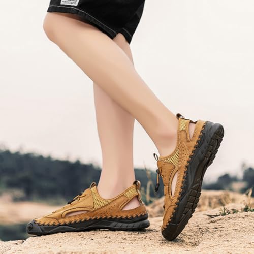 Large hand sewn sandals with men mesh breathable genuine leather versatile outdoor anti slip sports water wading sandals4