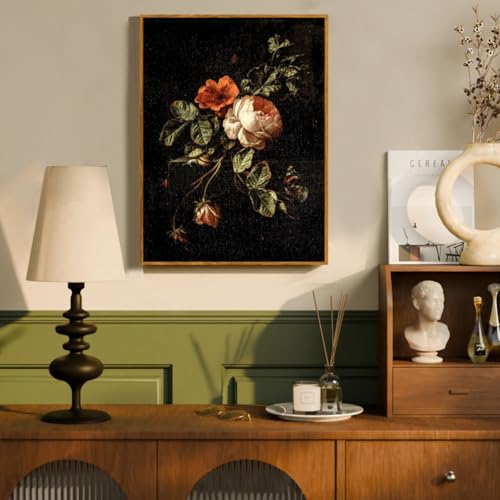 crmotu Vintage Framed Wall Art, Botanical Floral Canvas Art Prints, Still Life Rose Rustic Farmhouse Decor, Antique Flower Black Wall Pictures for Living Room Bedroom Bathroom Office Artwork 16x24in