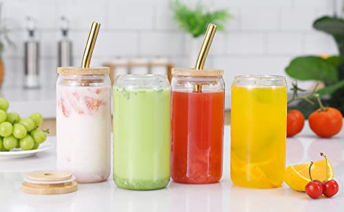 Vikeyhome 4 Pack Drinking Glasses, Can Shaped Glass Cups With Bamboo Lids And Gold Stainless Steel Straws, 16 Oz Beer Glasses, Iced Coffee Glasses, Cute Tumbler For Jam, Juices And Cocktail #TOP6