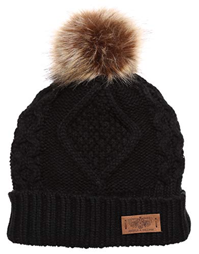 Angela & William Women's Winter Fleece Lined Cable Knitted Pom Pom Beanie Hat With Hair Tie.(Black) #TOP2