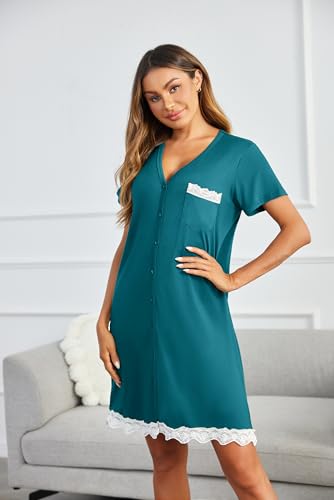 Image of Ekouaer Women Striped Nightgowns Button Down Sleepshirts Short Sleeves Nightshirts