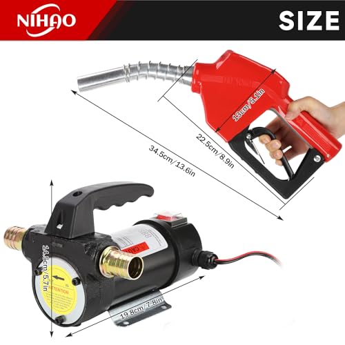 NIHAO 12V Diesel Fuel Transfer Pump Kit, Electric Self-Priming Transfer Pump with Automatic Shut-off Nozzle & Hose for Diesel, Kerosene, Machine, Transformer Oil