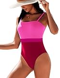 AI'MAGE Women's One Piece Swimsuit Color Block Bathing Suit Square Neck Swim Suits Vintage Retro Swimwear, Pink Red, Medium