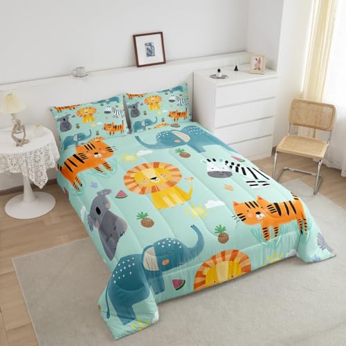 Image of Feelyou Kids Cute Zoo Animal Comforter Set Twin Size, Cartoon Lions Bedding Set Zebra Elephant Comforter for Boys Girls Kawaii Duvet Insert with 1 Pillow Case