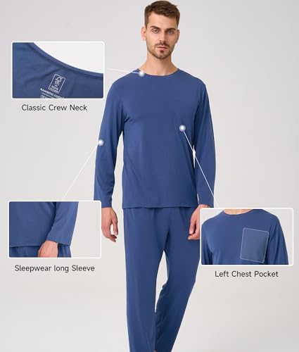 Image of BAMBOO COOL Mens Pajama Set Bamboo Viscose Soft Pijamas Sets for Men Long Sleeve Full Length Pants Pjs Sleepwear with Pockets