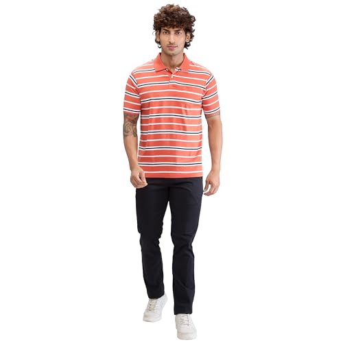 Image of Colorplus Men's Classic Fit Stripe Pattern Pure Cotton Half Sleeve Polo Neck Casual T-Shirt