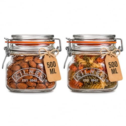 Image of Kilner Premium 2 x 500ml Borosilicate Airtight Square Wire Clip Top Food Storage Container Jar for Kitchen | Multipurpose, BPA Free, Reusable | For thinKitchen