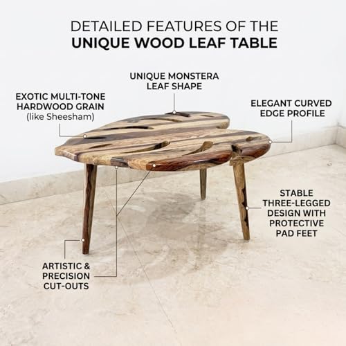 Image of Solid Sheesham Wood Leaf Shape Coffee Table | Modern Wooden Center Table for Living Room | Designer Tea Table | Small Side Table for Sofa Balcony Bedroom | Stylish Home Furniture | Natural Finish