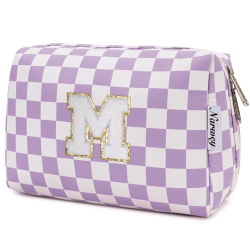 Narwey Birthday Gifts for Women Girls, Initial Makeup Bag for Bridesmaid Teacher Sister Friend Graduation Gifts, Personalized Monogram Cosmetic Toiletry Bag, Teen Girls Trendy Stuff (Purple M)