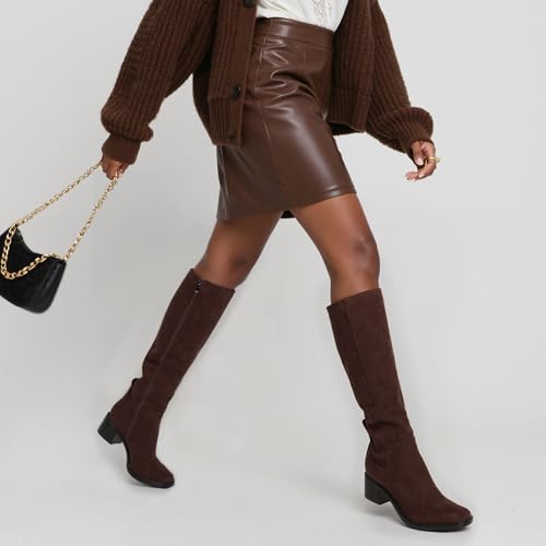Image of QIY Knee High Boots for Women Low Heel Flat Tall Boots | Stretch Boots, Chunky Heel Womens Boots, Square Toe Heeled Fall Winter Dress Riding Long Boot with Side Zipper