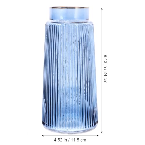 Vase en verre bleu artisanat rétro chic à rayures pour compositions florales