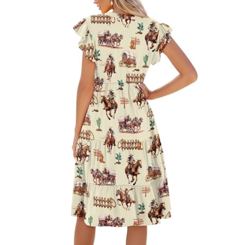 Image of Women's Casual Ruffle Sleeve Dress V Neck Pullover Dress Flowy A-Line Pleated Lightweight Dress with Pockets