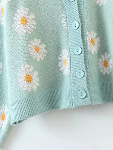 Mqquff Women's Cardigan Sweater, Floral Print Knit Long Sleeve Sweater V Neck Loose Buttons Outerwear Tops Blue Green #TOP3