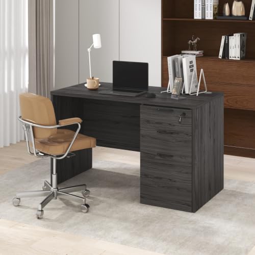 Image of Furinno Roger 47 Inch Executive Desk with File Cabinet, Home Office Desk with 3-Drawer Fixed Pedestal Filing Cabinet, Desk Cord Grommet, for Home Office, Coastal Grey
