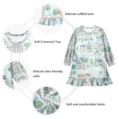Cartoon Eiffel Tower Girls Long Sleeves Dress, Winter Dresses Nightgowns Casual Swing Dress3