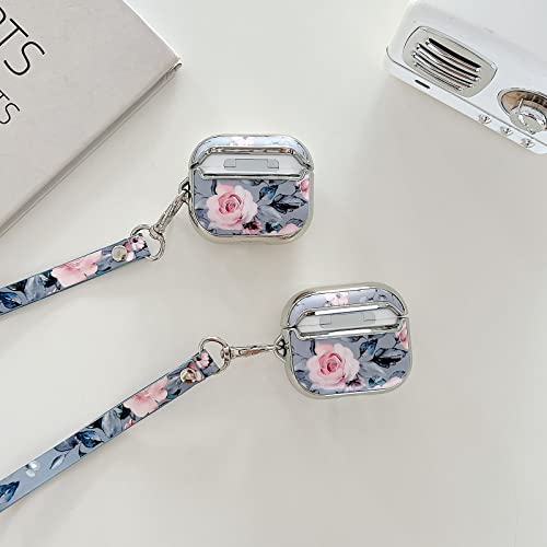 Yelovehaw Designed For Airpods 3 Case For Women Girls, Floral & Purple Leaves Pattern, Full Body Protective Cute Cover With Wrist Strap For Airpods 3Rd Generation Charging Case 2021 (Pink Flowers) #TOP4