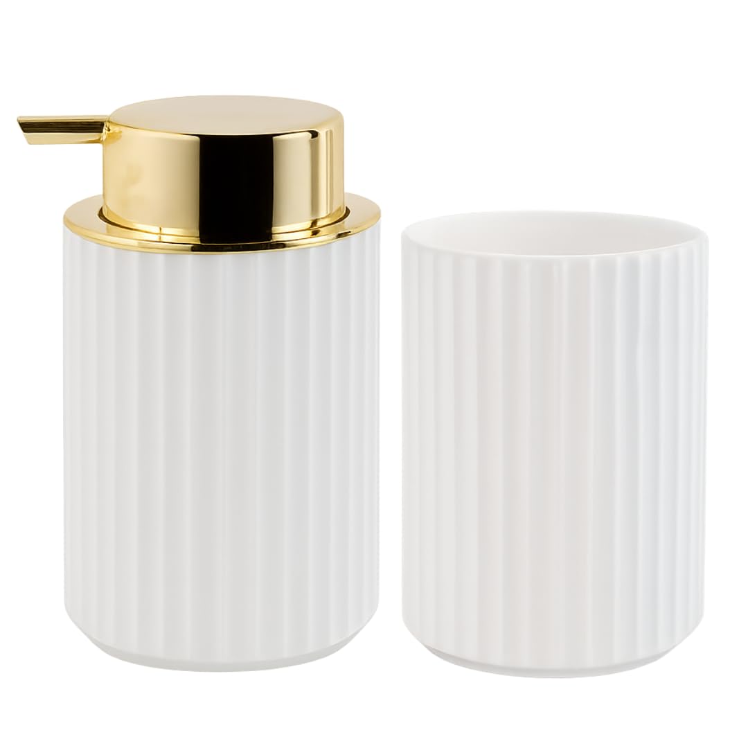 Juego dispensador jabon baƱo y Vaso, dispensador de jabón y portacepillos para baƱo Moderno 300ml, Accesorios Cocina y baƱo, jabón lĆquido y Gel Recargable, Botella de jabón (Blanco y Dorado)