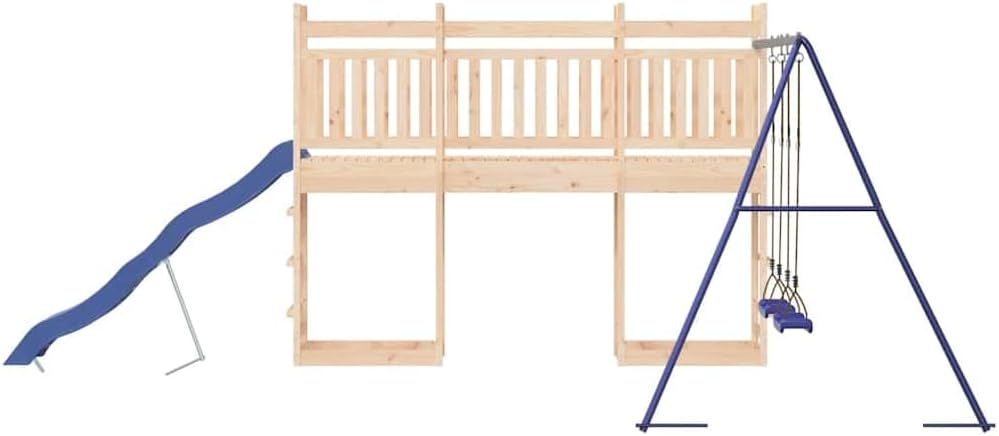 Outdoor Playset Natural Wood Blue Solid Pine Wood Polypropylene with Swings and Slide for Kids Ages 3 to 8 Spacious Play Area Fits Up to Six Kids