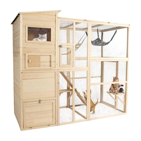 QUYZE Catio Outdoor Cat Enclosure, Large Outdoor Cat House for Mulitiple Cats, 4 Tiers Walk in Catio for Cats Outdoor Patio, 4 Tiers Cat Houses with Weatherproof Roof, Hanging Hammock, Bridge Cover