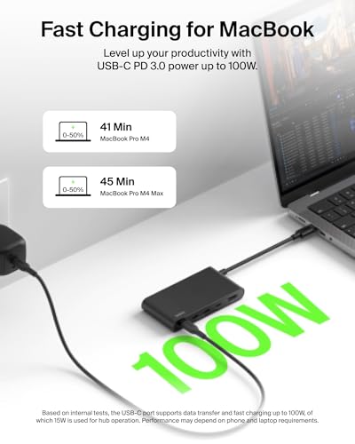 Image of Belkin USB Hub for Laptop 5-in-1, USB C Hub - Multi USB Port Adapter with 4K HDMI @ 60Hz, 100W USB-C PD, 10Gbps High Speed Data Transfer | Type C Hub Docking Station for MacBook, iPad Pro, Chromebook