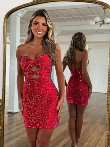 Strapless Sequin Homecoming Dresses for Teens Sparkly Cut Out Bodycon Short Prom Party Dress4