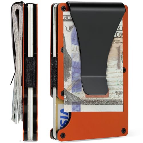 Image of Minimalist Wallet for Men, Slim Metal RFID Blocking Wallet Credit Card Holder Money Clip & Cash Strap, Scratch-Resistant Holds 15 Cards,Ideal Gift for Men | Matt Orange
