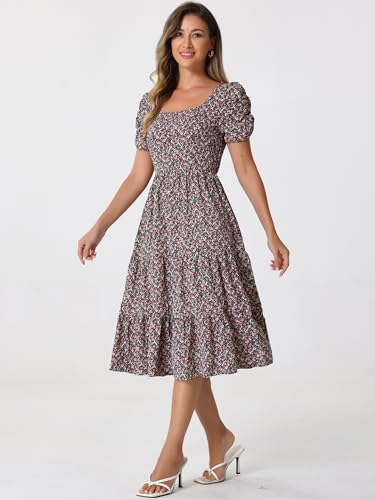Image of Allegra K Women's Floral Dresses Square Neck Puff Short Sleeves Tiered Ruffled Hem Dress X-Small Black